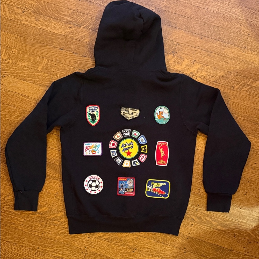 Vintage Russell Athletic Black Hoodie with Vintage Patches